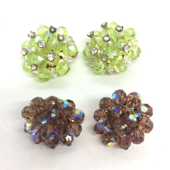 3/$30 VINTAGE CLUSTER CLIP ON EARRINGS AB AURORA BOREALIS BEADED GREEN BROWN MCM - Picture 1 of 9